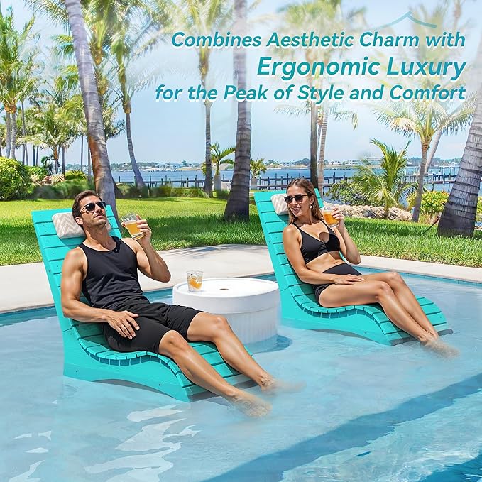 LUE BONA HDPS Pool Chairs Set of 4, Fade-Resistant Use in Pools Up to 10-Inches Deep Pools Lounge Chair for Sun Shelf, Chaise Lounger with Headrest for Outside Pool Deck