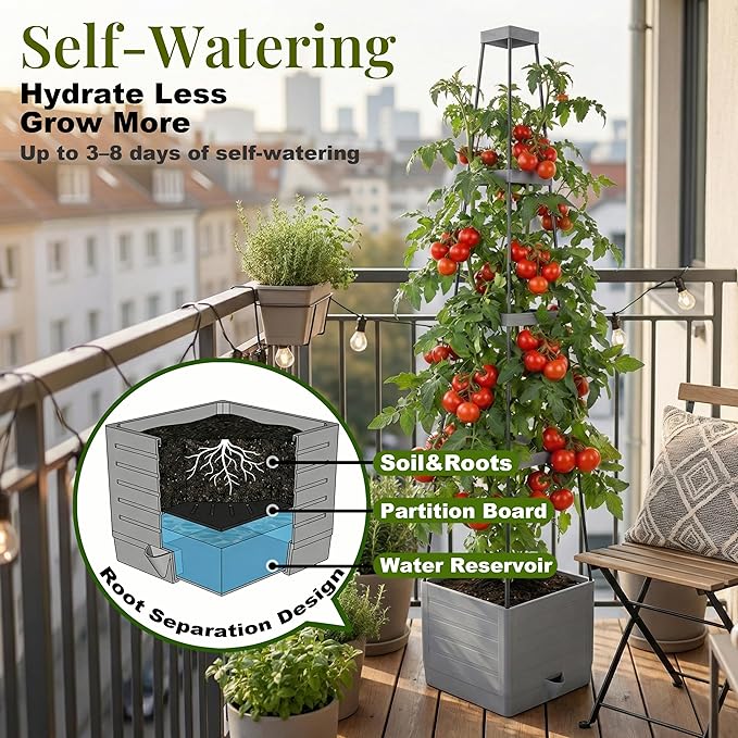 Tomato Planter with Trellis 57" - Self Watering Raised Garden Bed for Climbing Plants, Wind-Resistant Solid Base Box with Cage, Vertical Gardening Pot for Indoor Outdoor Patio Balcony, Grey