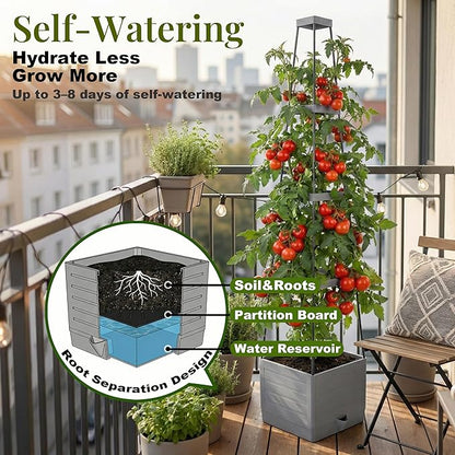 Tomato Planter with Trellis 57" - Self Watering Raised Garden Bed for Climbing Plants, Wind-Resistant Solid Base Box with Cage, Vertical Gardening Pot for Indoor Outdoor Patio Balcony, Grey