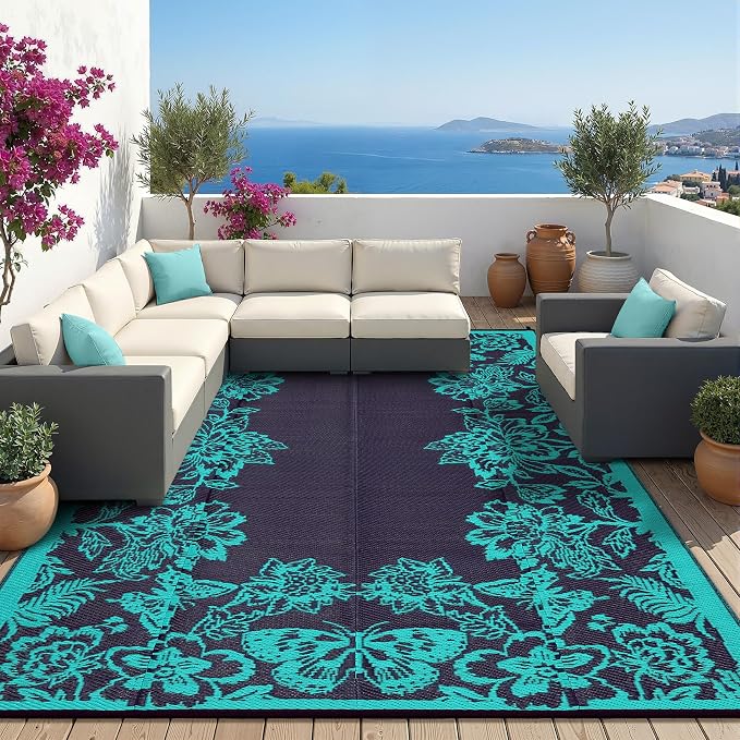 Garvee Outdoor Rugs 9' x 12’ Waterproof Reversible Mats, Large Area Plastic Straw Rug, Outside Carpet, Butterfly Floral Rv Mat for Patio Camping Picnic Backyard Deck Balcony Porch Beach Trailer