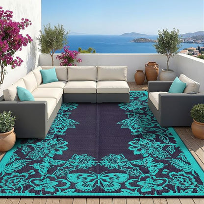 Garvee Outdoor Rugs 9' x 12’ Waterproof Reversible Mats, Large Area Plastic Straw Rug, Outside Carpet, Butterfly Floral Rv Mat for Patio Camping Picnic Backyard Deck Balcony Porch Beach Trailer