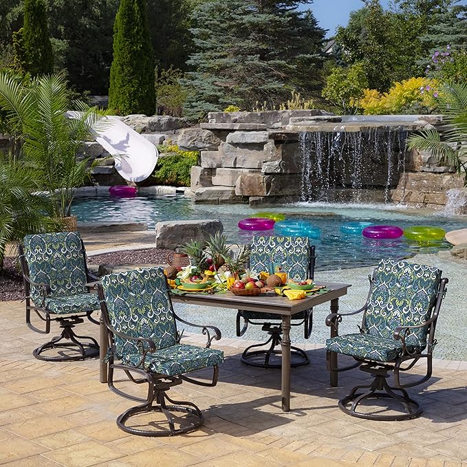 Arden 2-Pack Outdoor Patio Dining Chair Cushion, 20x44, Rain-Proof Seat Pad, Fade-Resistant Outdoor Cushion Sapphire Aurora Blue Damask
