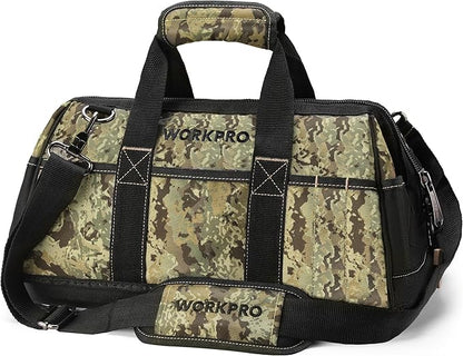 WORKPRO 16-Inch Wide Mouth Tool Bag, Multi-Pocket Tool Bags for Men with Adjustable Shoulder Strap, Waterproof Oxford Fabric and Sturdy Buttom