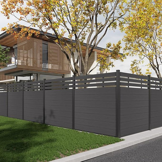 Mondaria Semi-Closed Privacy Fence Panels with 1 Post for Outside, 6ft(W) x 6ft(H), Wind Resistant Wood Plastic Composite Fencing Panels for Patio, Backyard, Garden and Pool, Silver Gray