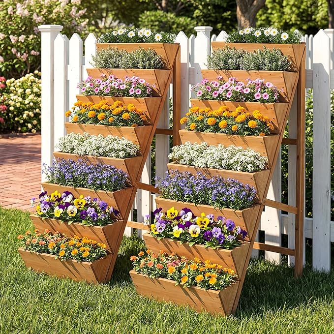 HAPPYGRILL Vertical Raised Garden Bed, Freestanding Wood Elevated Planter Box w/Legs for Growing Vegetables Flowers Herbs, Indoor Outdoor Tiered Plant Stand for Patio Yard Balcony Corner (2,8-Tier)