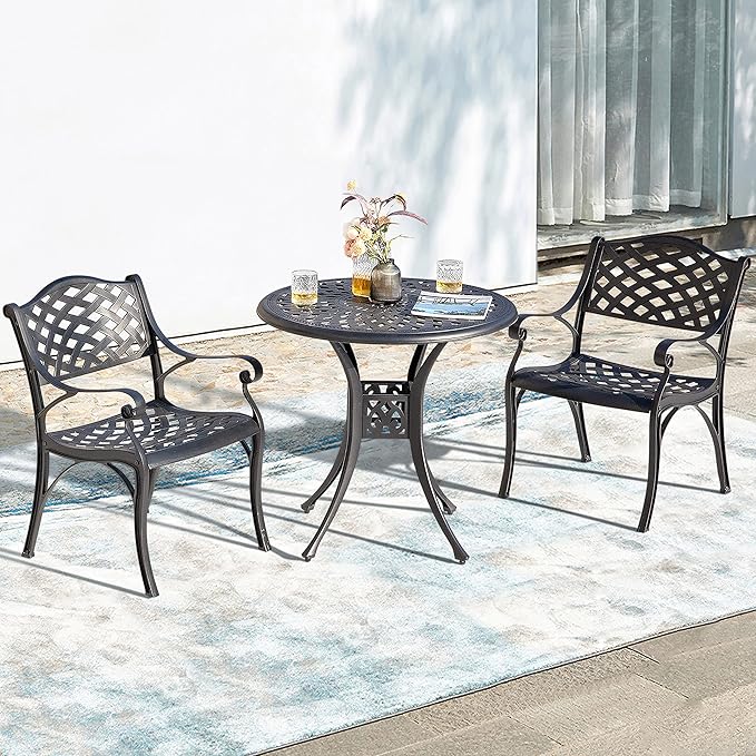 NUU GARDEN 3 Piece Outdoor Cast Aluminum Bistro Table Set Rustproof Table and Chairs with Umbrella Hole for Backyard, Balcony, Front Porch, Black