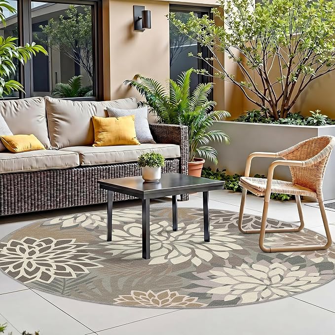6x6 Outdoor Area Rug Washable Multicolored Patio Rug Tropical Botanical Floral Chenille Waterproof Outdoor Carpet for Living Room, Deck, Backyard, Porch, Taupe