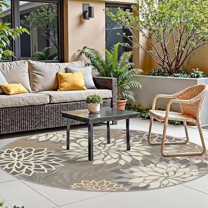 6x6 Outdoor Area Rug Washable Multicolored Patio Rug Tropical Botanical Floral Chenille Waterproof Outdoor Carpet for Living Room, Deck, Backyard, Porch, Taupe