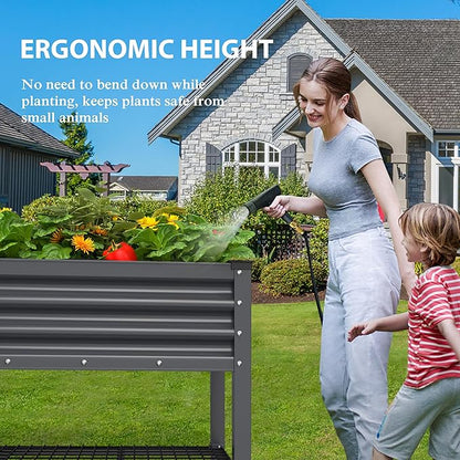 MUPATER Galvanized Steel Raised Garden Bed with Legs, 48" L x 24" W x 34" H Large Metal Elevated Raised Planter Box with Rolling Casters & Extra Bottom Shelf for Backyard, Garden, Patio, Balcony, Gray