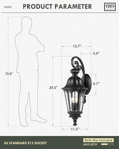 Outdoor Light Fixtures, HWH Exterior Wall Sconce Lantern with Seeded Glass, 29'' Large Outdoor Wall Lamp Antique Porch Light for Patio Garage Entryway, Matte Black Finish, 5HW90B-L BK