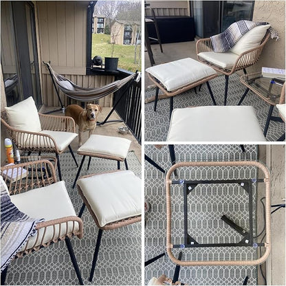 5 Piece Patio Furniture Set, Outdoor Wicker Small Conversation Bistro Set, All-Weather PE Rattan Chairs with Ottoman & Coffee Table, Ideal for Balcony Porch Deck Yard Poolside (Yellow/Beige)