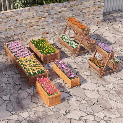 Giantex Vertical Raised Garden Bed, 3 Large Wood Planter Boxes for Flower Vegetable Fruit Herb, Freestanding Planter with Drain Holes, Elevated Raised Beds for Indoor Outdoor Lawn Patio Yard, Brown