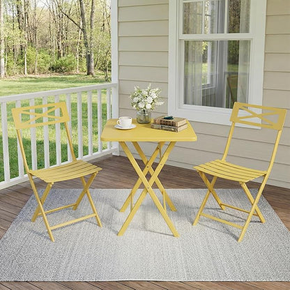 Outdoor Square Bistro Set 3 Piece, Yellow Iron Tube Patio Furniture Set with Square Table & 2 Chairs, Foldable Steel Backyard Deck Porch Garden , Space Saving Outdoor Dining Set for Small Spaces