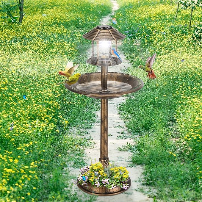 Outvita Outdoor Bird Bath, Garden Bird Baths Decorations with Solar-Powered Lamp and Resin Pedestal Flower Planter Base Bird Feeder for Yard Patio