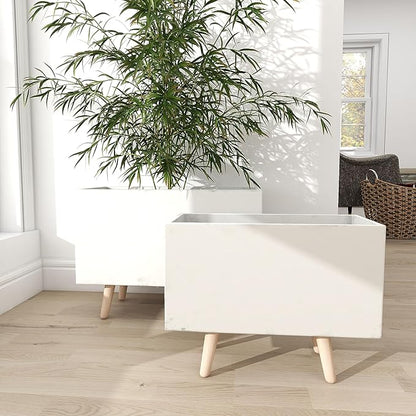 Deco 79 Fiberclay Ceramic Indoor Outdoor Planter Rectangular Large Planter Pot with Brown Wooden Legs, Set of 2 Planters 21", 17"W, White