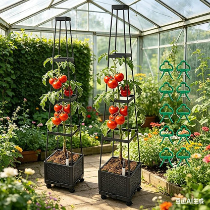 Movable Raised Garden Bed Tomato Planter Box with Trellis and Universal Wheel Self-Watering Garden Beds Outdoor for Vegetables 2-Pack