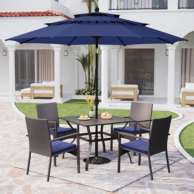 PHI VILLA 5 Piece Patio Dining Table Set for 4, 37" Square Outdoor Metal Table with Umbrella Hole & 4 Rattan Wicker Chair with Cushion for Deck, Yard, Porch