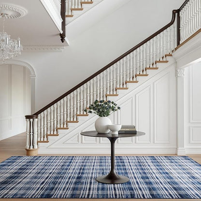 Dash & Albert Denim Plaid Blue Machine Washable Rug, 7.5 X 9.5 Feet, Blue/White Plaid Pattern