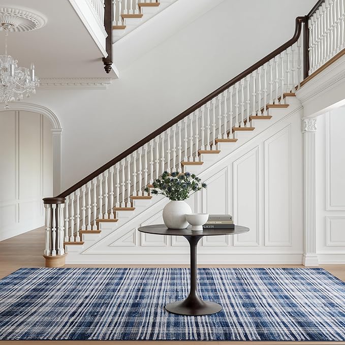 Dash & Albert Denim Plaid Blue Machine Washable Rug, 4 X 6 Feet, Blue/White Plaid Pattern