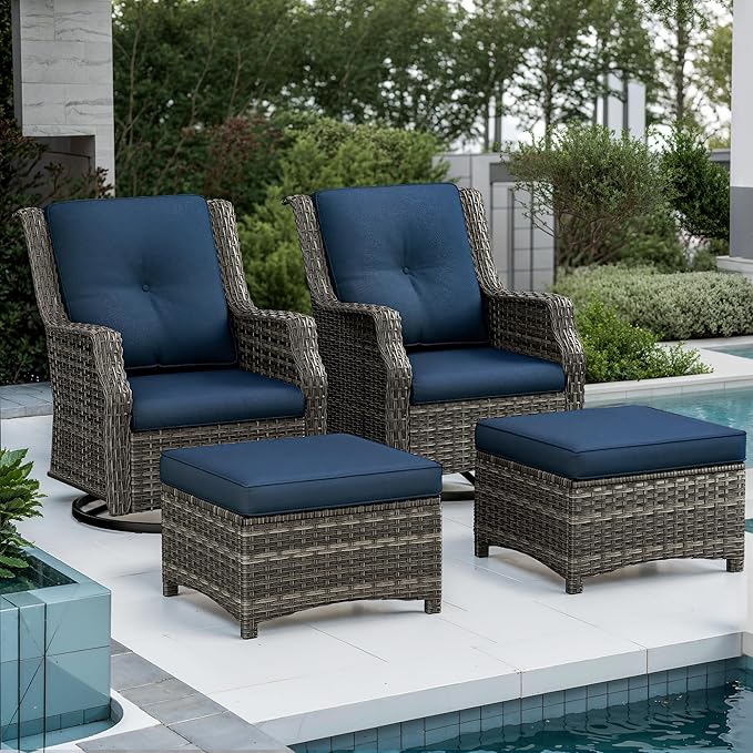 4 Piece Patio Furniture Set, 2 Swivel Glider Chairs and 2 Ottomans PE Wicker Footstool, Outdoors Rattan Conversation Set with Deep Seating and Olefin Cushions, for Backyard, Garden, Navy