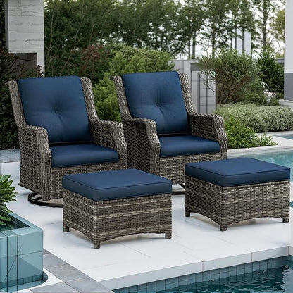 4 Piece Patio Furniture Set, 2 Swivel Glider Chairs and 2 Ottomans PE Wicker Footstool, Outdoors Rattan Conversation Set with Deep Seating and Olefin Cushions, for Backyard, Garden, Navy