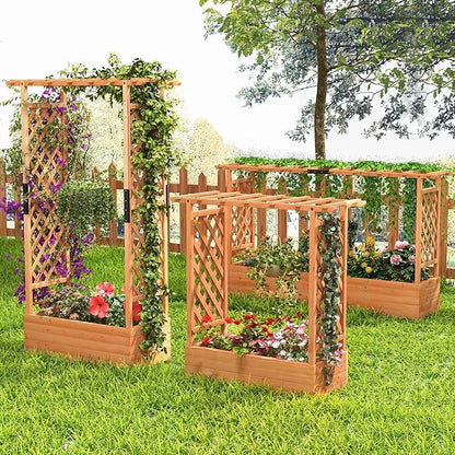 S AFSTAR 45-Inch Raised Garden Bed with Arch Trellis, Hanging Roof, Planter Box, Drainage Holes, Vertical Plant Container for Vine Climbing Plant Flower, Standing Wood Planter for Garden Patio Yard