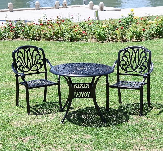 3 Piece Outdoor Bistro Set, All-Weather Patio Cast Aluminum Table and Chairs Set of 2 with 2.4" Umbrella Hole for Patio, Front Porch,Garden, Backyard, Balcony, Black