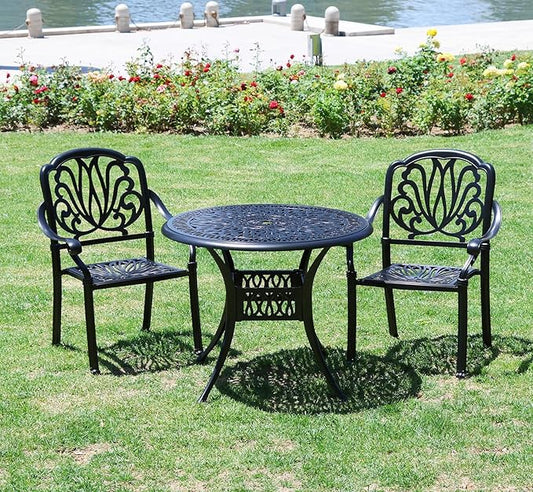 3 Piece Outdoor Bistro Set, All-Weather Patio Cast Aluminum Table and Chairs Set of 2 with 2.4" Umbrella Hole for Patio, Front Porch,Garden, Backyard, Balcony, Black