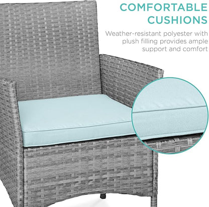 Best Choice Products 3-Piece Outdoor Wicker Conversation Bistro Set, Space Saving Patio Furniture for Garden w/Side Table - Gray/Pastel Blue