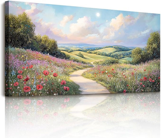 SERIMINO Landscape Wall Art, Large Wall Art, Nature Wall Decor, Path Flower Canvas Prints, Green Wilderness Paintings for Living Room Bedroom Bathroom Kitchen Rustic Farmhouse Decorations 20"x40"