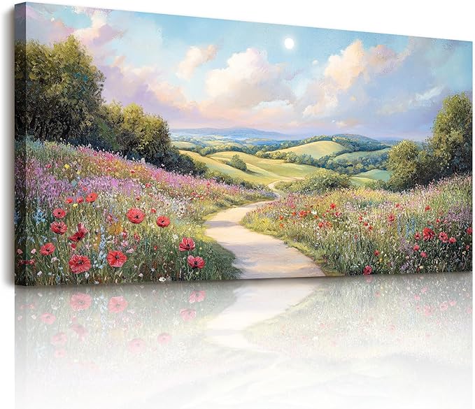 SERIMINO Oversized Wall Art, Landscape Wall Art, Rustic Green Scenic Decor, Spring Wildflowers Picture Prints, Hillside Grassland Paintings for Living Room Bedroom Dining Room Hallway Farmhouse Hotel 29"x57"