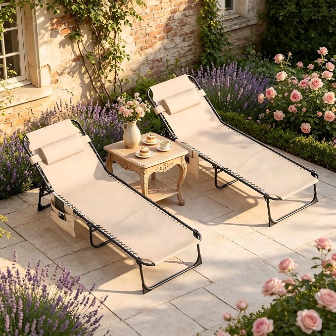 Outdoor Lounge Chair, Foldable Reclining Chaise Lounge with Detachable Pillow & Side Pocket, 4-Position Recliner Tanning Chair for Beach, Pool, Lawn, Backyard, Beige, 2 Packs
