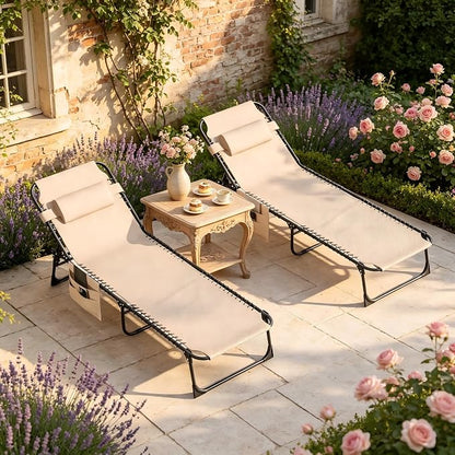 Outdoor Lounge Chair, Foldable Reclining Chaise Lounge with Detachable Pillow & Side Pocket, 4-Position Recliner Tanning Chair for Beach, Pool, Lawn, Backyard, Beige, 2 Packs