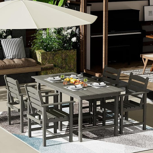 Anbuy Patio HDPE Dining Table Set, 5-Piece Outdoor Dining Table Sets, 2 in 1 Outdoor Furniture Table and 4 Outdoor Chairs for Garden, Backyard, Poolside, Easy Assembly, Grey