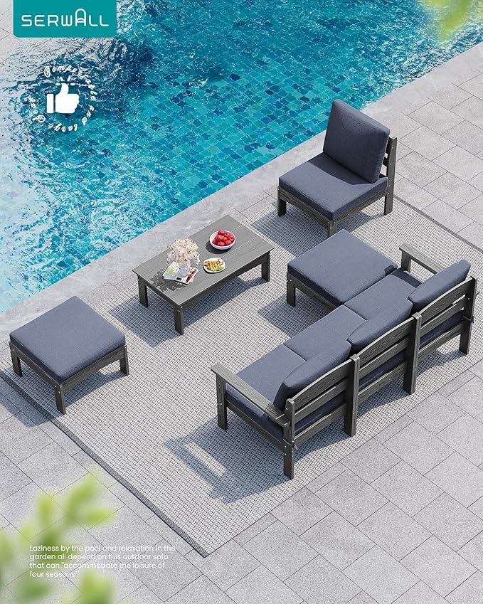 SERWALL 7-Piece Patio Sofa Set, Outdoor Furniture Set, All-Weather HDPE Outdoor Sectional Conversation Set with Cushions and Coffee Table, Large Modular Sofas for Garden, Grey Frame with Grey Cushion