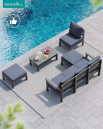 SERWALL 7-Piece Patio Sofa Set, Outdoor Furniture Set, All-Weather HDPE Outdoor Sectional Conversation Set with Cushions and Coffee Table, Large Modular Sofas for Garden, Grey Frame with Grey Cushion