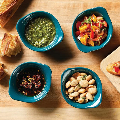 Rachael Ray Solid Glaze Ceramics Round Ramekins/Dipping Cup Set, 4 Piece, Teal
