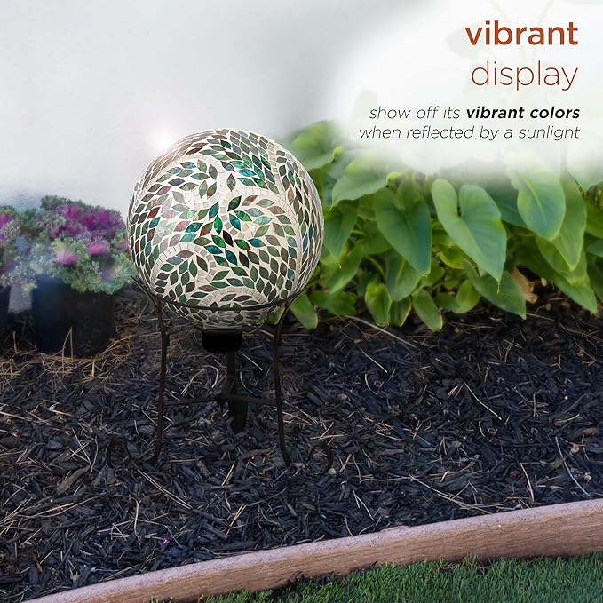 Alpine Corporation 10" Diameter Indoor/Outdoor Glass Mosaic Gazing Globe Yard Decoration, Scroll Leaf Pattern Design