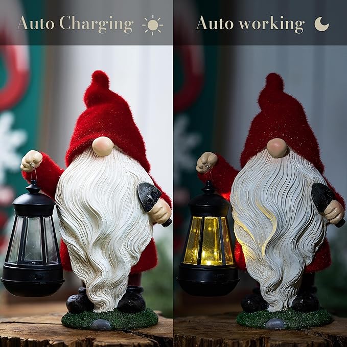 TERESA'S COLLECTIONS Christmas Decorations,Christmas Gnomes Holding Lantern with Solar Light, Waterproof Resin Xmas Decorations Outdoor, Xmas Gifts Outdoor/Indoor,12"
