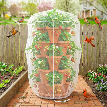 2 Pcs Vertical Plant Pot Insect Netting，5-Tier Stackable Planter Garden Net Cover for Strawberry, Planter Pot Protection Mesh with Drawstring for Strawberry Herb Vegetable Flower Fruit