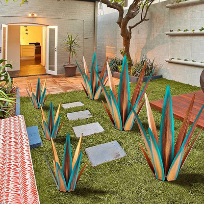 KODIBO Large Tequila Rustic Sculpture, Agave Plants for Outdoor Patio, Home Decor Hand Painted Metal Garden Statue, Lawn Ornaments Yard Stakes (Blue - L)