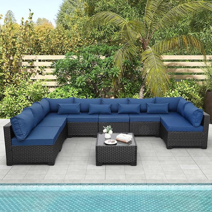 9 Pieces Outdoor Sectional All-Weather Wicker Patio Furniture Set Patio Sectional and Glass Patio Table Non-Slip Cushions and Waterproof Covers, Navy Blue