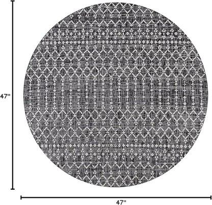 JONATHAN Y Moroccan Geometric Indoor Outdoor Round Area Rug 4 Ft Black/Gray, Ourika Textured Weave for Backyard, Patio, Porch, Easy-Cleaning, High Traffic, Pet-Friendly, Non-Shedding (SMB108F-4R)