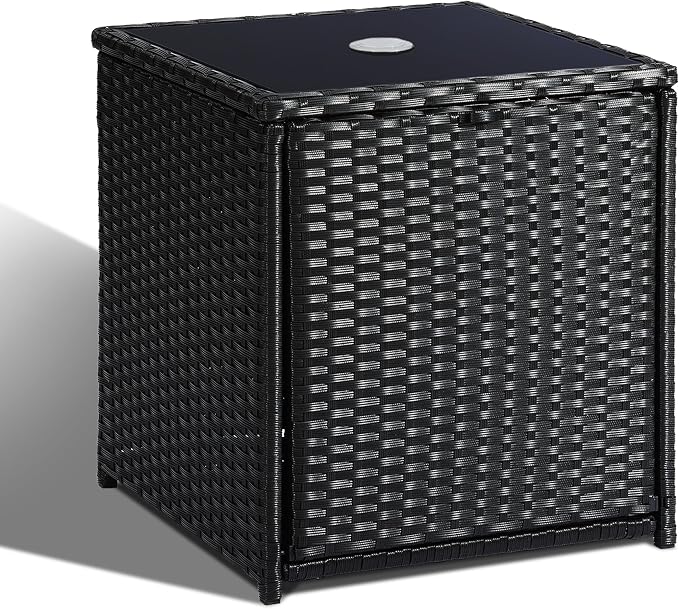 SUNNYPARK Outdoor Umbrella Side Table with 2 Weight Bags, 2-in-1 Patio Table with Umbrella Hole, All-Weather Handwoven PE Rattan Umbrella Base Stand for Deck Yard Garden Balcony Poolside