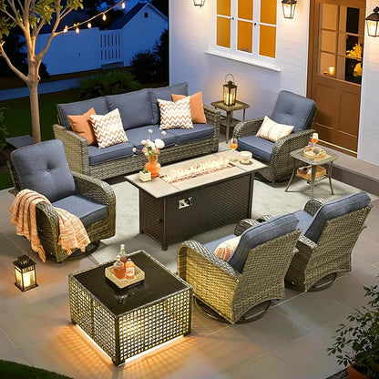 ovios 9 Pieces Patio Furniture Set, Outdoor Wicker Sofa Couch with Rocking Swivel Chairs Fire Pit Table, Modern Deep Seat Rattan Conversation Sets for Porch Deck, Denim Blue