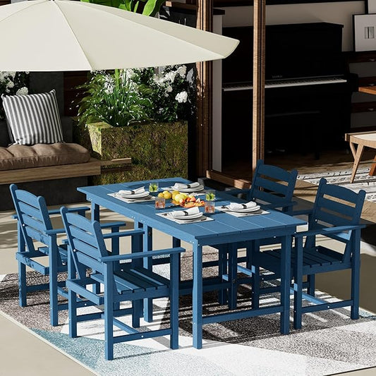 Anbuy Patio HDPE Dining Table Set, 5-Piece Outdoor Dining Table Sets, 2 in 1 Outdoor Furniture Table and 4 Outdoor Chairs for Garden, Backyard, Poolside, Easy Assembly, Blue