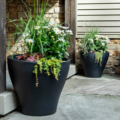 Step2 Fernway Round Planter, Large Planters for Outdoor Plants, Gardening and Flower Pot for Patio or Porch, Efficient Drainage, Durable Plastic, Onyx Black, 2-Pack