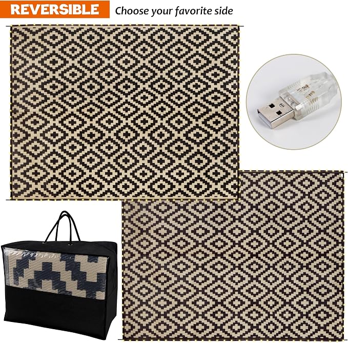 SAND MINE Reversible Mats with Led Strip Lights, Plastic Straw Rug, Modern Area Rug, Large Floor Mat for Outdoors, Patio, Backyard, Deck, Picnic, Camping, Black & Beige, 8' x 10'