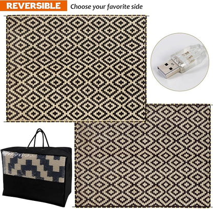 SAND MINE Reversible Mats with Led Strip Lights, Plastic Straw Rug, Modern Area Rug, Large Floor Mat for Outdoors, Patio, Backyard, Deck, Picnic, Camping, Black & Beige, 8' x 10'