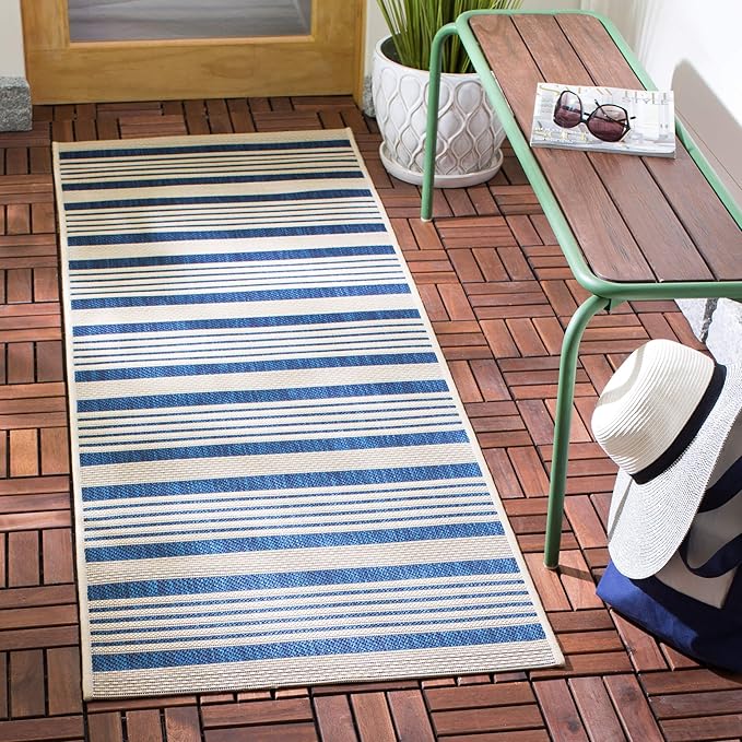 SAFAVIEH Courtyard Collection 2'3" x 16' Navy/Beige CY6062 Stripe Indoor/ Outside Waterproof Easy cleansingPatio Backyard Mudroom Runner Mat